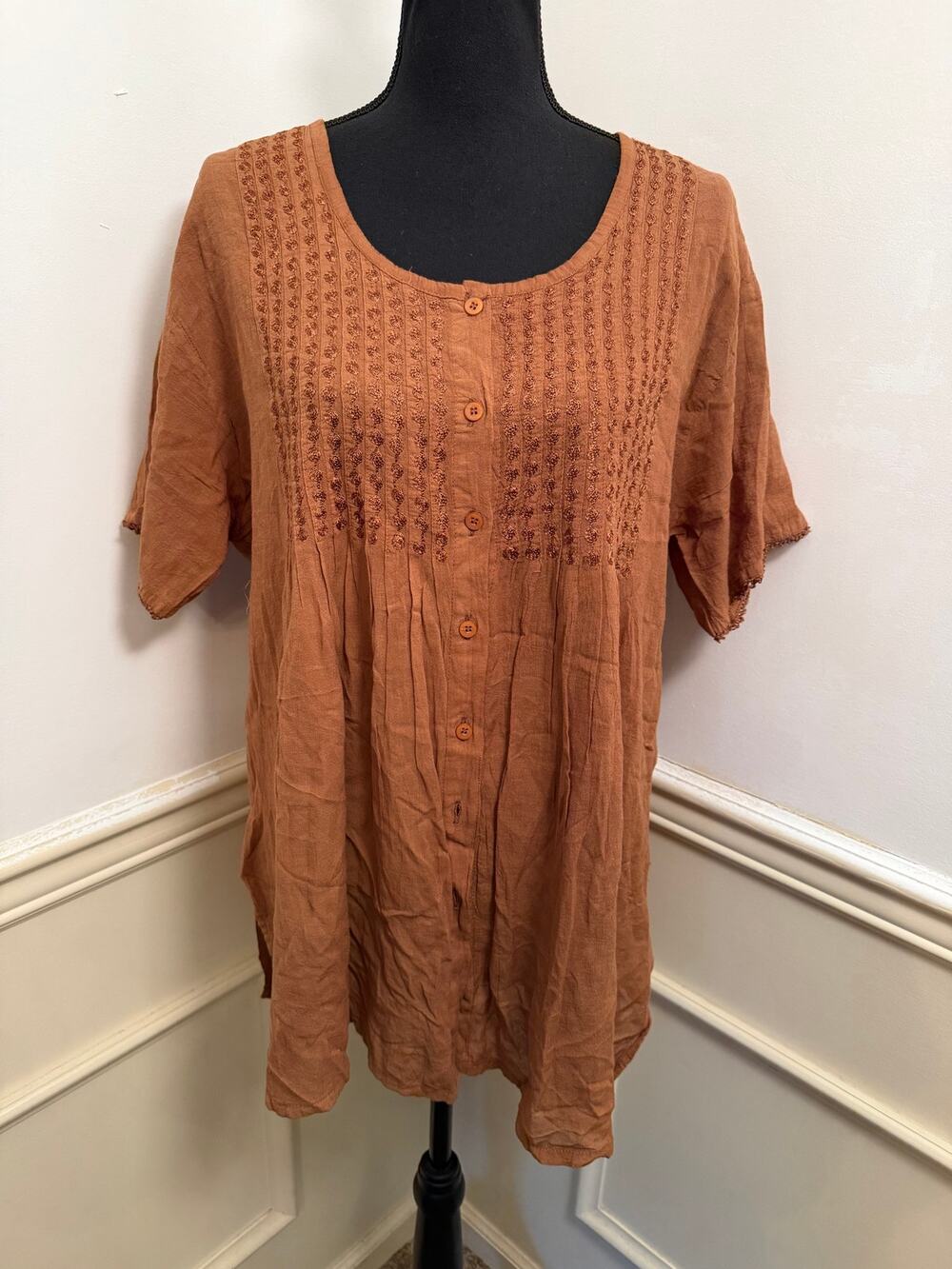 Vintage Advance Terracotta Cotton Embroidered Button Tunic Top Boho Lagenlook